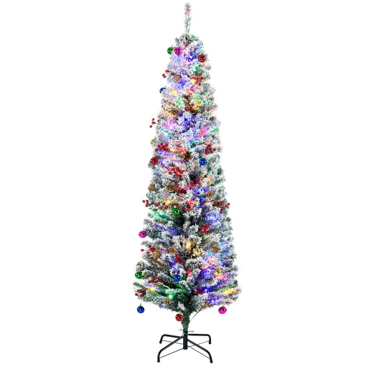 HOMCOM 6' Artificial Prelit Christmas Trees Holiday Decor with Colourful LED Lights, Flocked Tips, Berry, Pine Cone