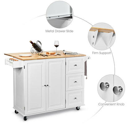 Kitchen Island Cart on Wheels with 3 Drawers and 2-door Cabinet-White