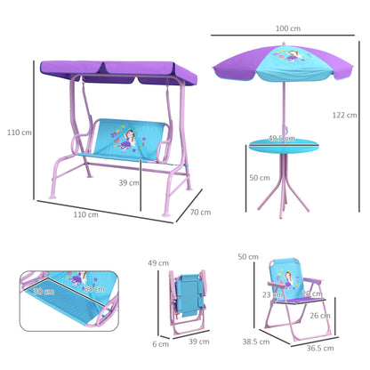 4 Piece Kids Garden Furniture Set With 2 Seater Garden Swing Chair Adjustable Canopy, Childrens Table & Chair Set For Toddler Girls 3-6 Years Old