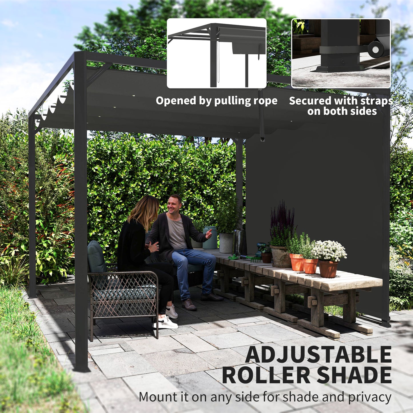 Outsunny 3 x 3m aluminiowa pergola z rozsuwanym dachem i ścianą - ciemnoszara
