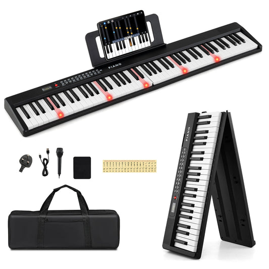 88 Key Foldable Piano Keyboard with MIDI Wireless Connection and Microphone-Black