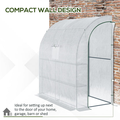Szklarnia Outsunny Walk-In Lean to Wall z oknami i drzwiami 2 poziomy 4 półki druciane 200L x 100W x 215Hcm biała