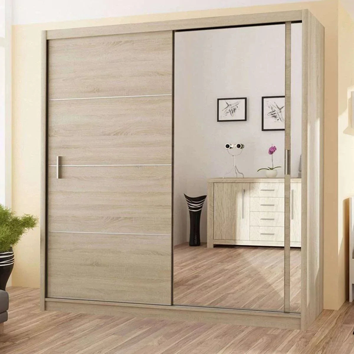 Broadland Sliding Door 203cm Wardrobe with Mirror - White, Black, Sonoma