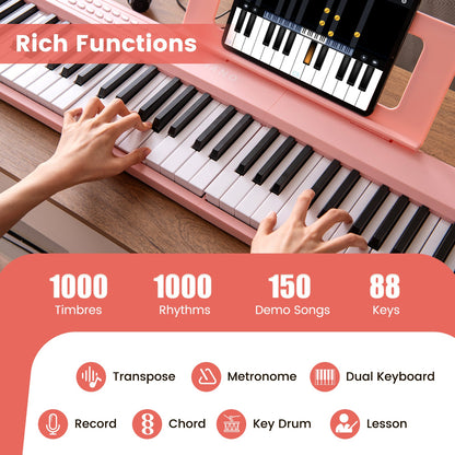 88 Key Foldable Electric Keyboard Piano for Kids Adults Beginners-Pink