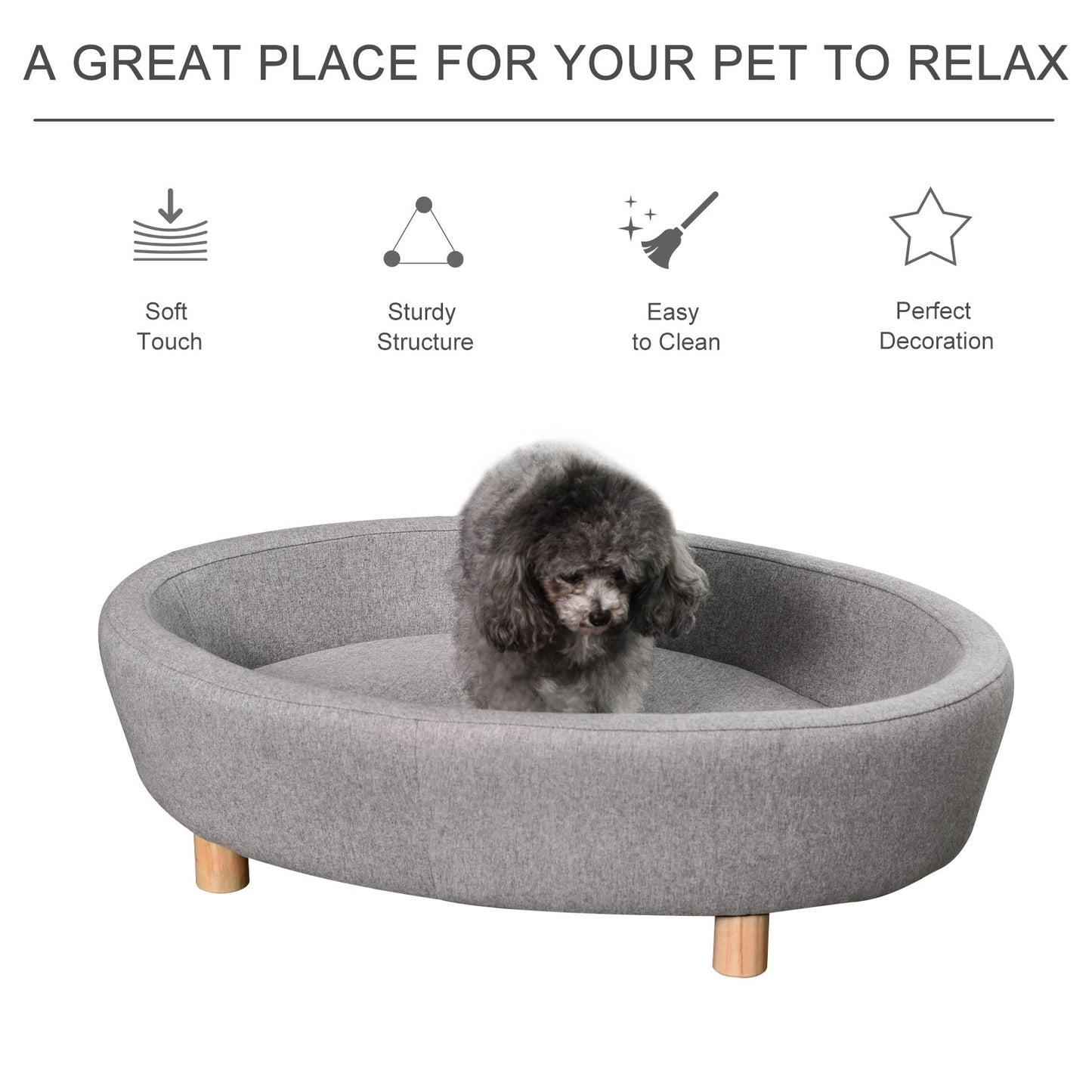 PawHut Pet Sofa Soft Couch Sponge Cushioned Bed Wooden legs, Light Grey