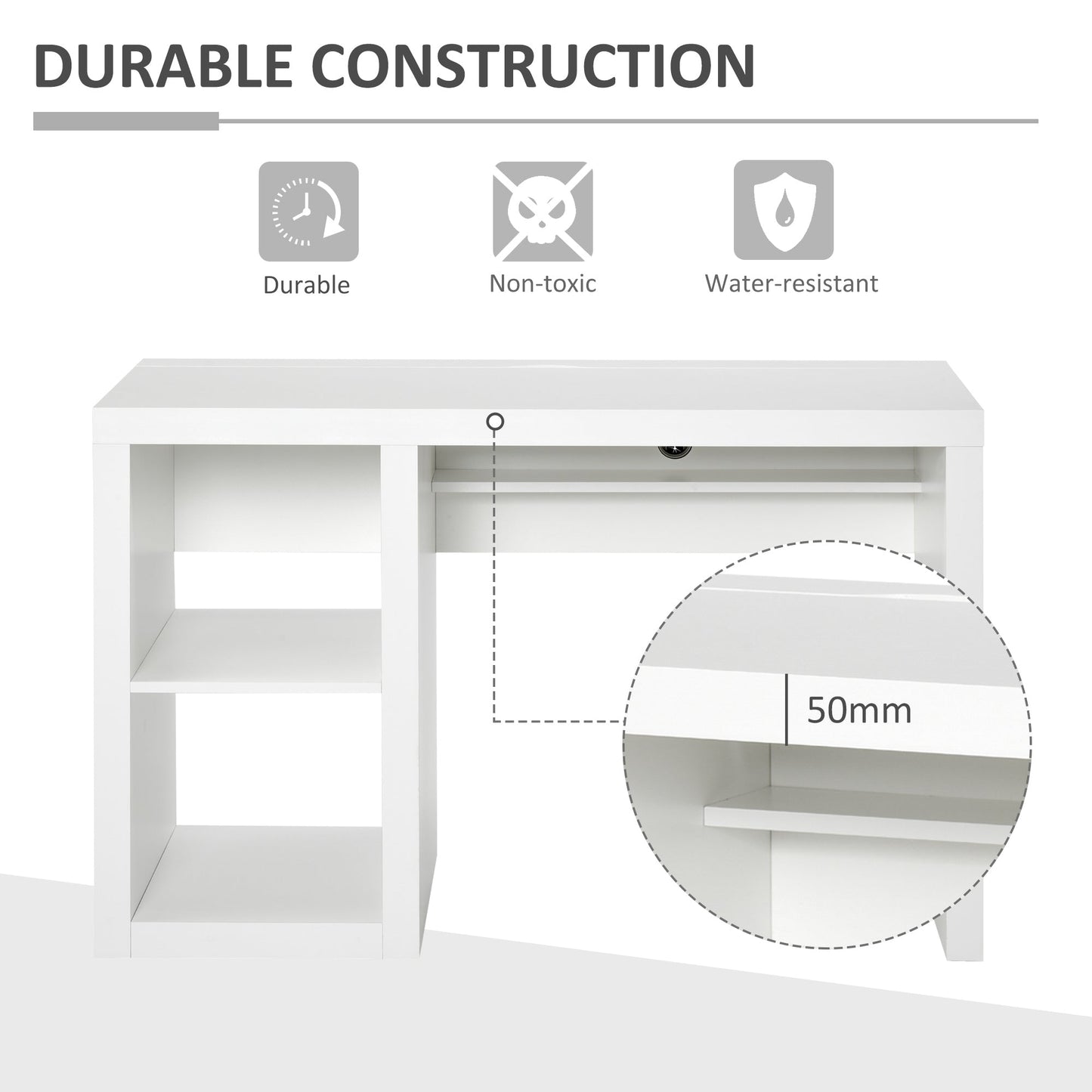 Rectangle Computer Desk Thick Board with Shelves Home Office Table, White