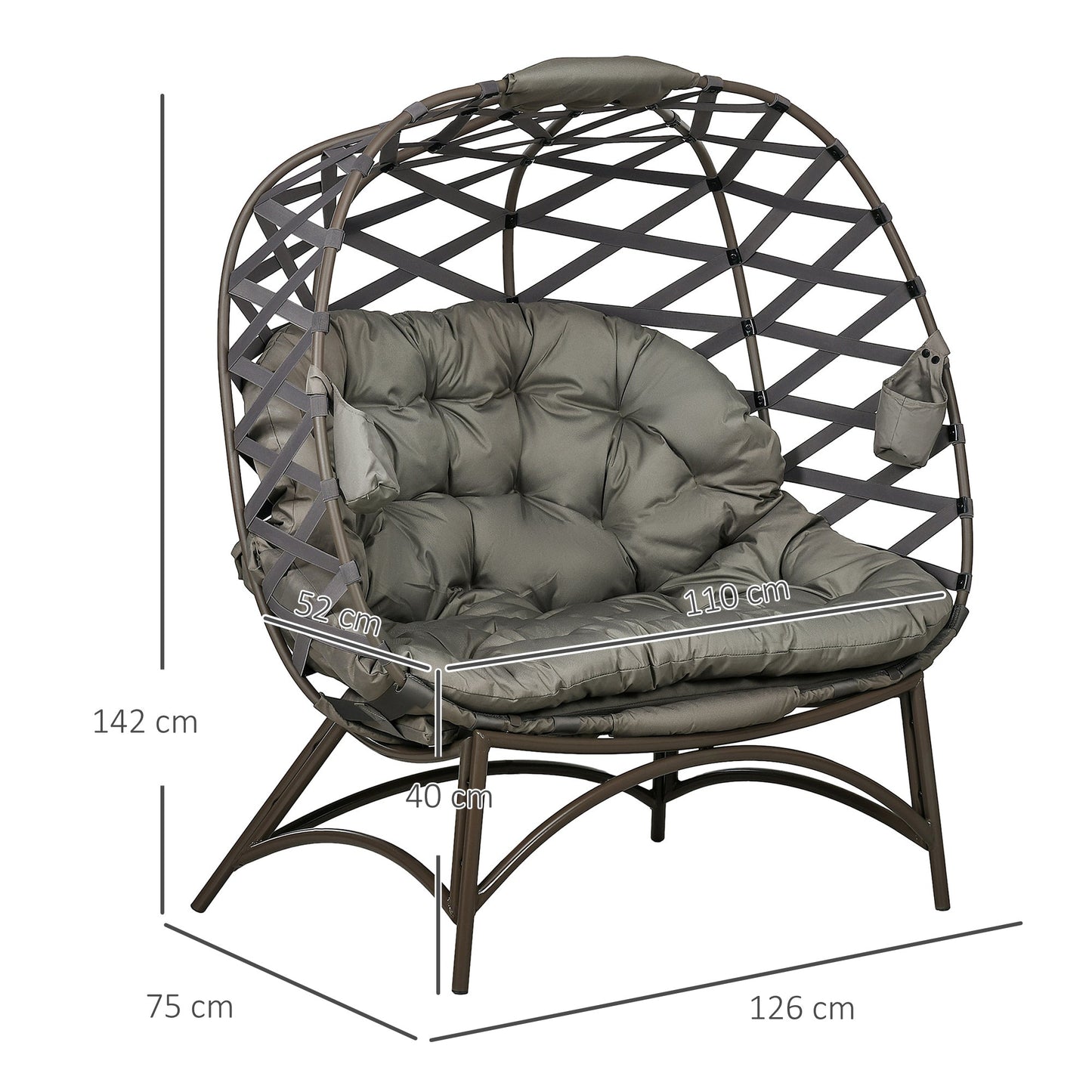 Outsunny 2 Seater Egg Chair Outdoor, Folding Weave Garden Furniture Chair with Cushion, Cup Pockets - Sand Brown