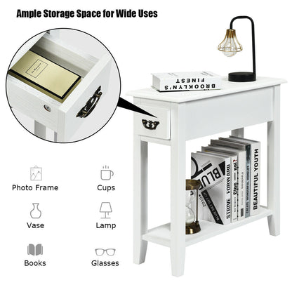 2-Tier Bedside Table with Drawer and Storage Shelf-White