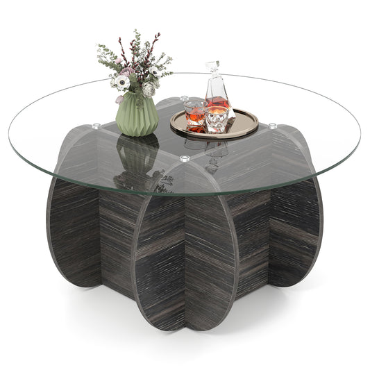 89cm Round Coffee Table Modern Accent Table with Tempered Glass Top-Black
