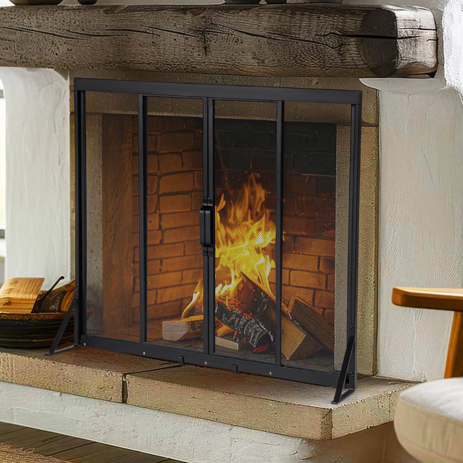 89 x 72 cm Metal Fireplace Screen with Sliding Doors