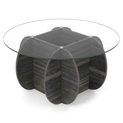 89cm Round Coffee Table Modern Accent Table with Tempered Glass Top-Black