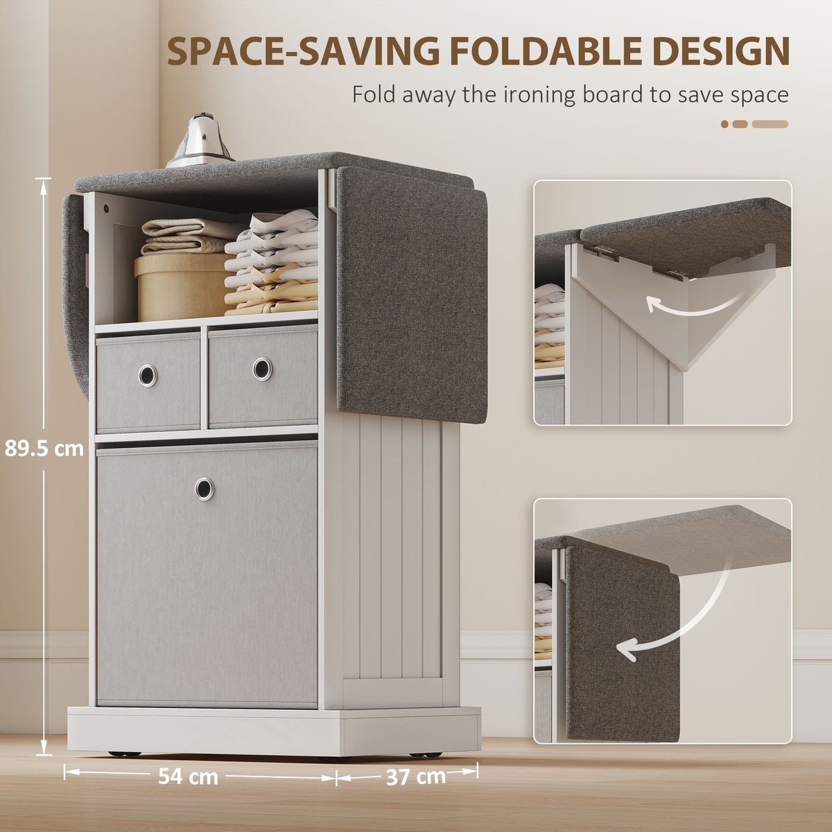 HOMCOM Ironing Board Cabinet on Wheels with Ironable and Foldable Top, Mobile Storage Cabinet with Ironing Board, White
