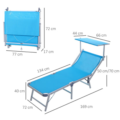 كرسي استلقاء للاستلقاء من Outsunny Garden Sun Lounger Texteline Chaise Lounge مع مظلة وسرير مسند ظهر قابل للتعديل بإطار من الألومنيوم - أزرق