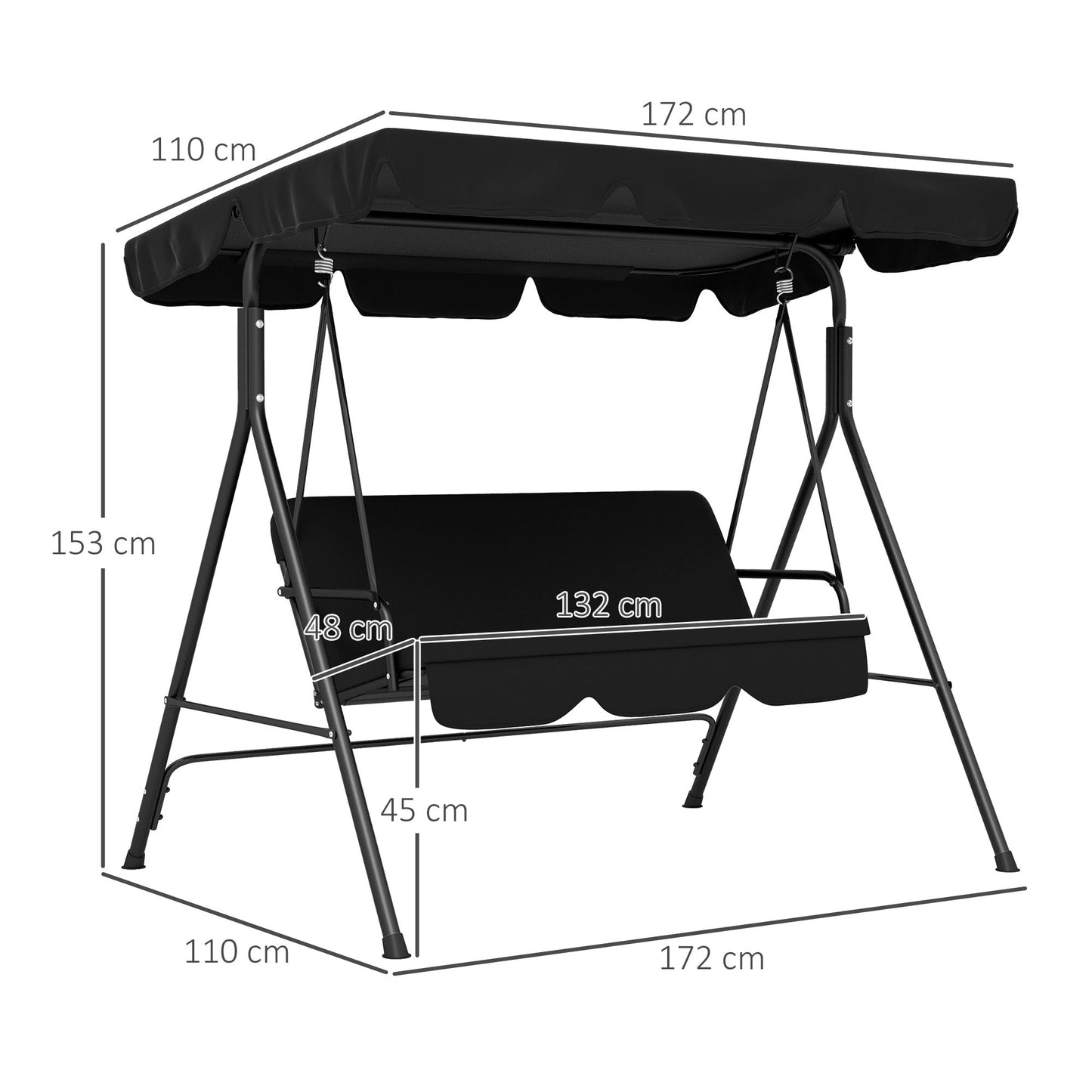 Outsunny 3 Seater Canopy Swing Chair Garden Rocking Bench Heavy Duty Patio Metal Seat w/ Top Roof - Black