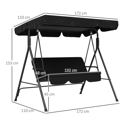 Outsunny 3 Seater Canopy Swing Chair Garden Rocking Bench Heavy Duty Patio Metal Seat w/ Top Roof - Black