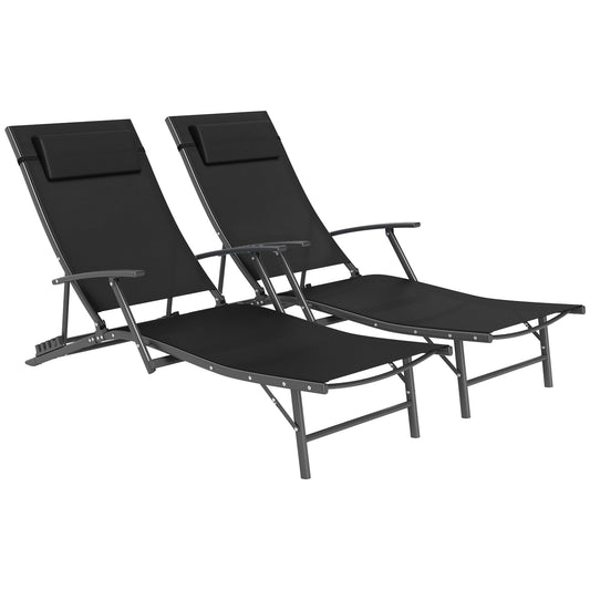 Outsunny Zestaw 2 składanych leżaków do ogrodu, 4 pozycje regulowanych leżaków ogrodowych z podłokietnikami, poduszkami, stalową ramą, leżaki do patio, na plażę i przy basen, czarne