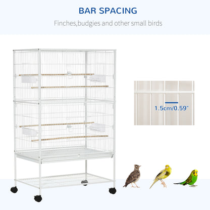 PawHut Duża klatka dla ptaków Budgie Cage dla Finch Kanarki Papużki z ruchomym stojakiem, wysuwaną tacą, półką do przechowywania, pojemnikami na żywność, biała