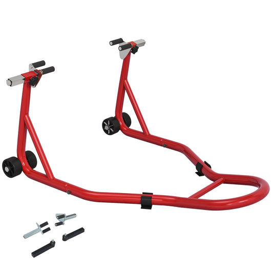 Stojak motocyklowy HOMCOM Front Motorcycle Paddock Stand z matą antypoślizgową, adaptery w kształcie litery U i L, nośność 200 kg, do opon 18", 17" i 10", czerwony