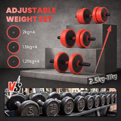 SPORTNOW 20kg 6-in-1 Adjustable Weight Dumbbells Set, Barbell, Kettlebell, Push Up Stand - Red