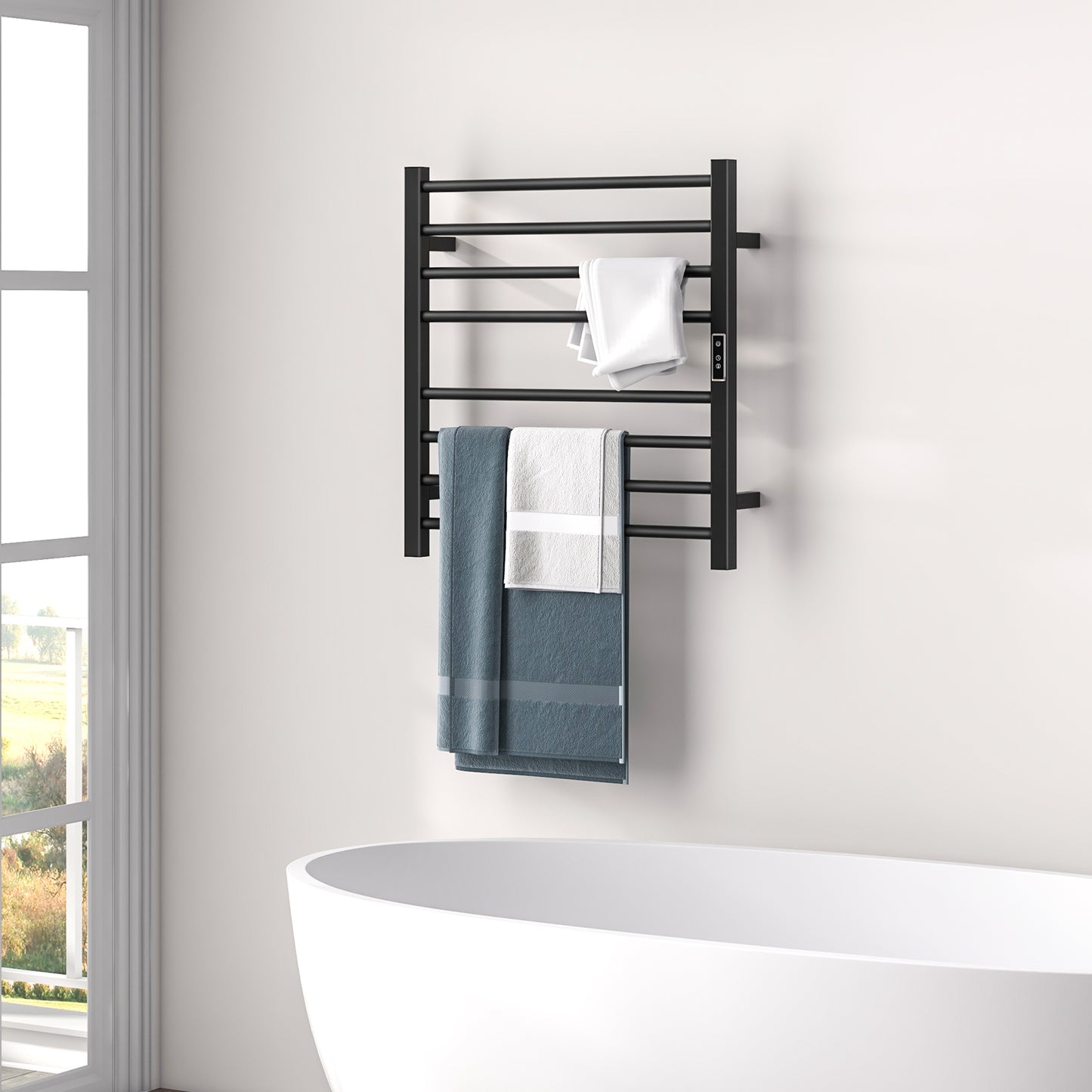 8 Bars Wall Mounted Towel Warmer Rack with LED Display-Black