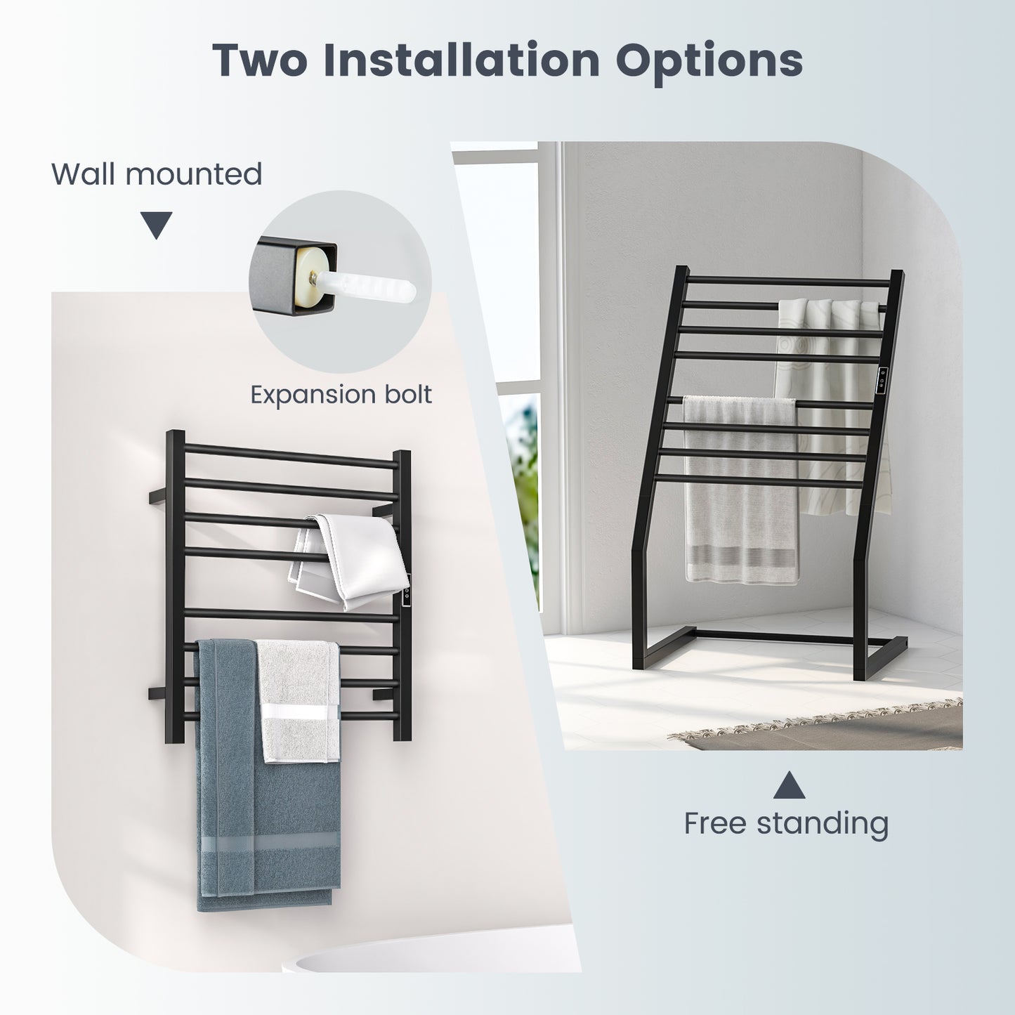 8 Bars Wall Mounted Towel Warmer Rack with LED Display-Black