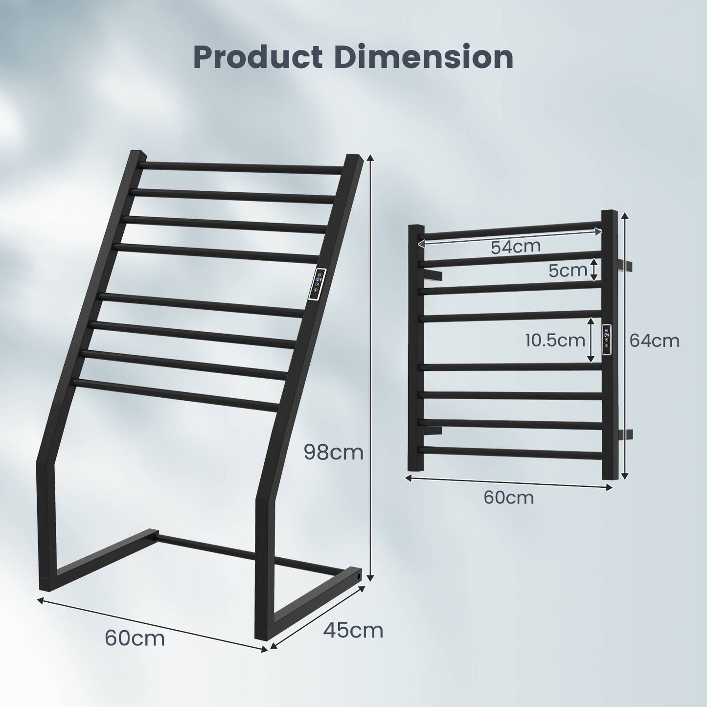 8 Bars Wall Mounted Towel Warmer Rack with LED Display-Black