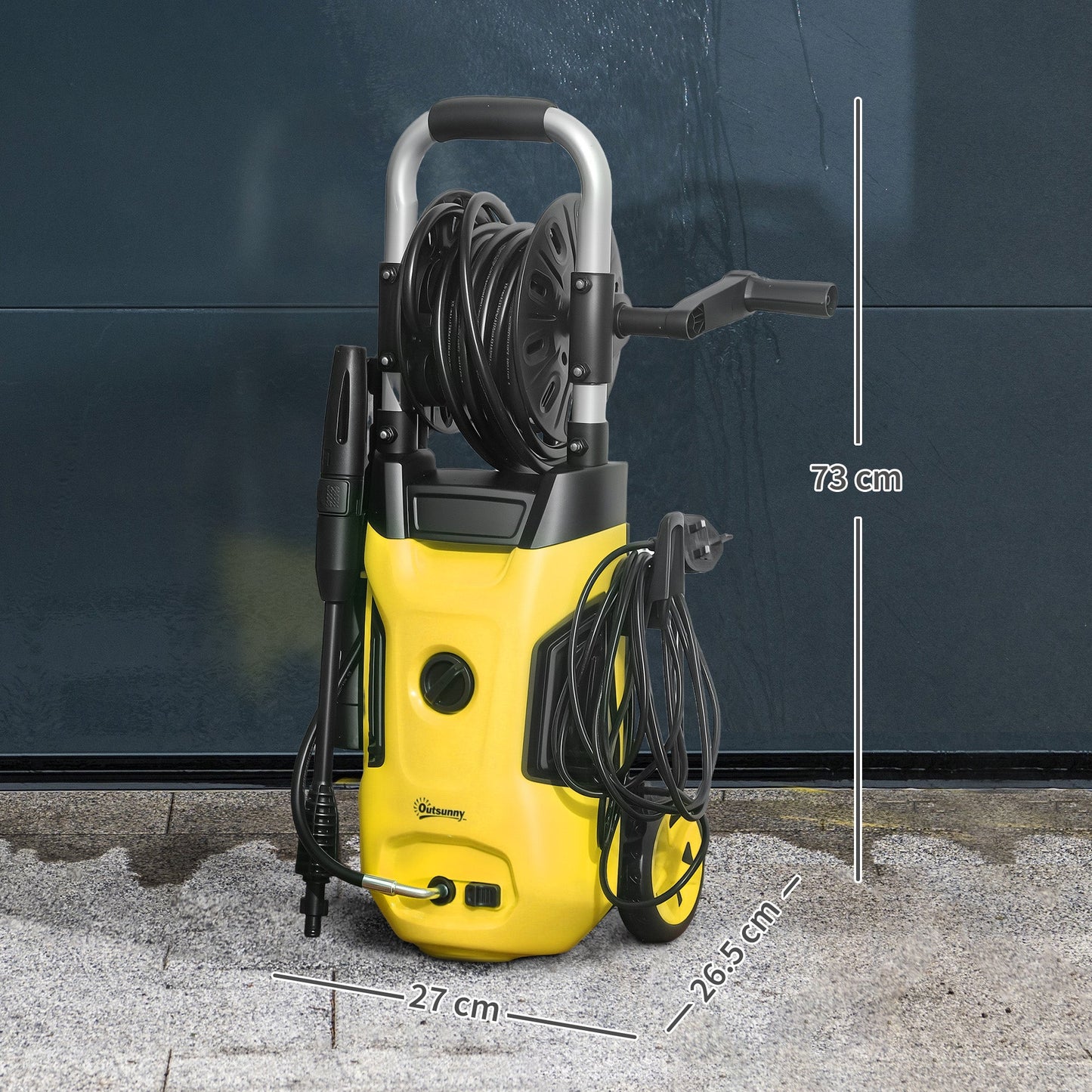 Outsunny 1800W High√Ç Pressure√Ç Washer, 150 Bar Pressure, 420 L/h Flow, Portable Power Washer Jet Wash Cleaner with Adjustable Nozzle, 6M Hose, Hose Reel, Steel Handle for Home Patio Car Driveway, Yellow