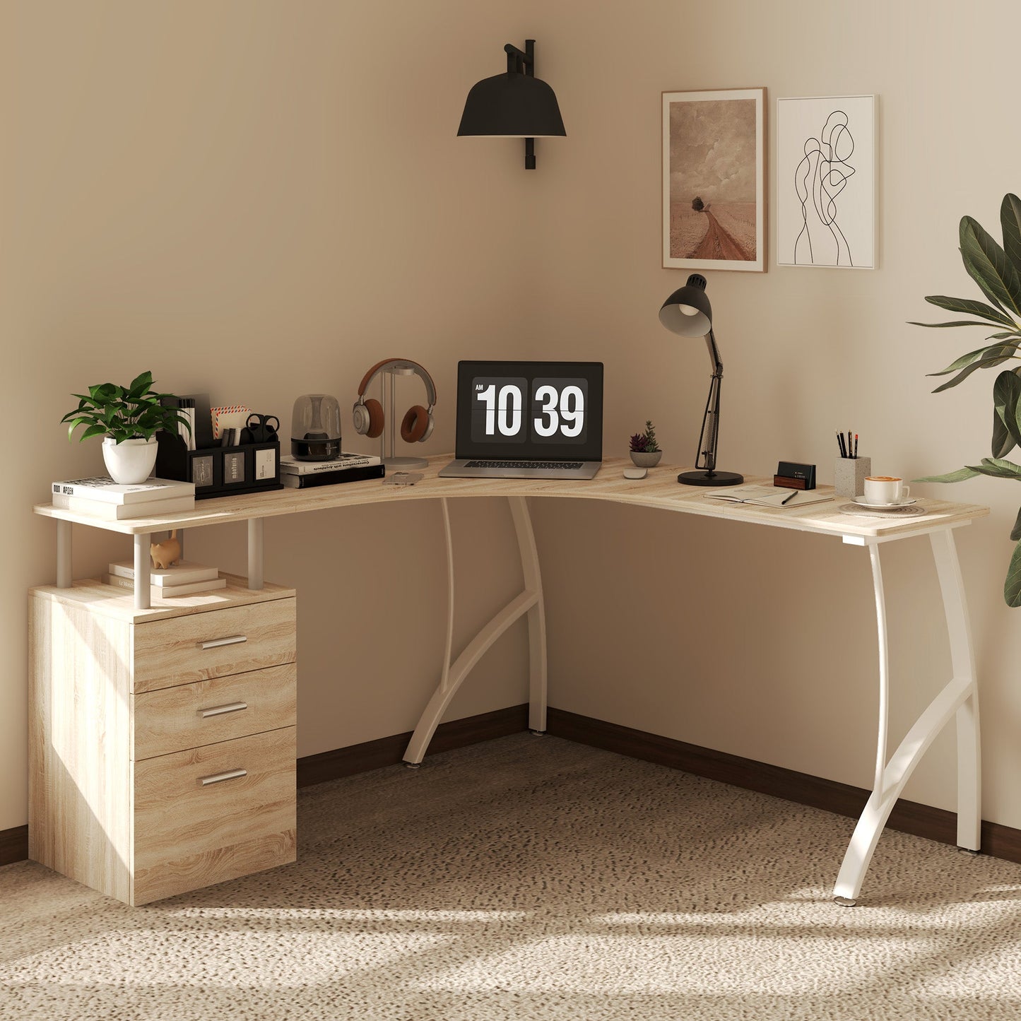 HOMCOM L-kształtny stół komputerowy z szufladą do przechowywania, biurko do domowego biura narożne w stylu industrialnym na pliki A4 143,5 x 143,5 x 76 cm, dąb