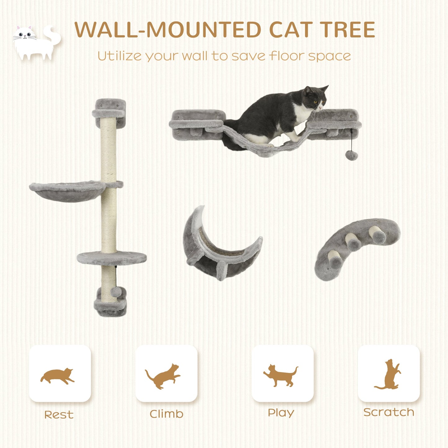 PawHut Four-Piece Cat Wall Furniture, with Hammock, Ladder, Platforms, Steps, for Indoor Use - Grey