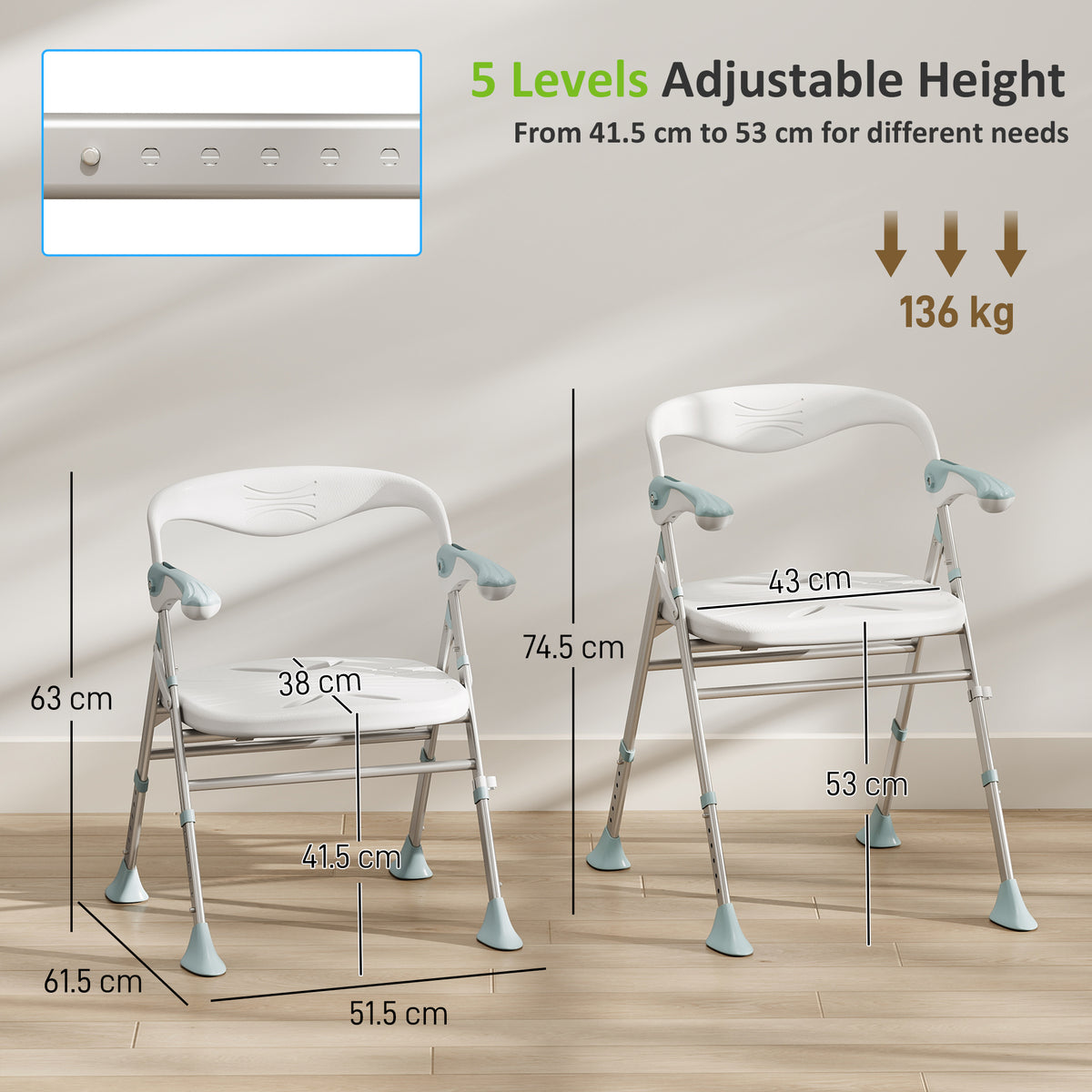 HOMCOM Foldable Shower Chair with Flip-Up Armrests, Shower Stool with Adjustable Height, Tool-Free Assembly, 136 kg