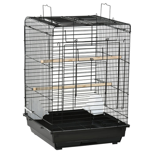 PawHut Steel Bird Cage with Openable Top, Stand, Tray, Handles, Feeding Bowls for Parakeet, Finch - Black