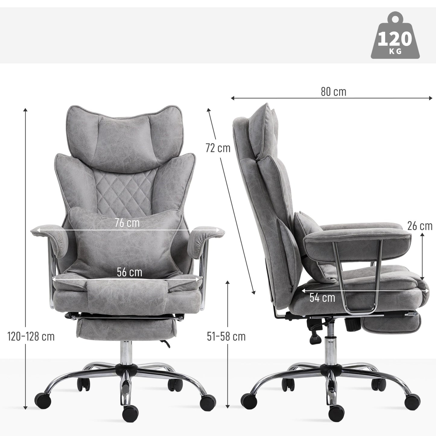 HOMCOM Leathaire Reclining Office Chair with Lumbar Support Pillow - Grey
