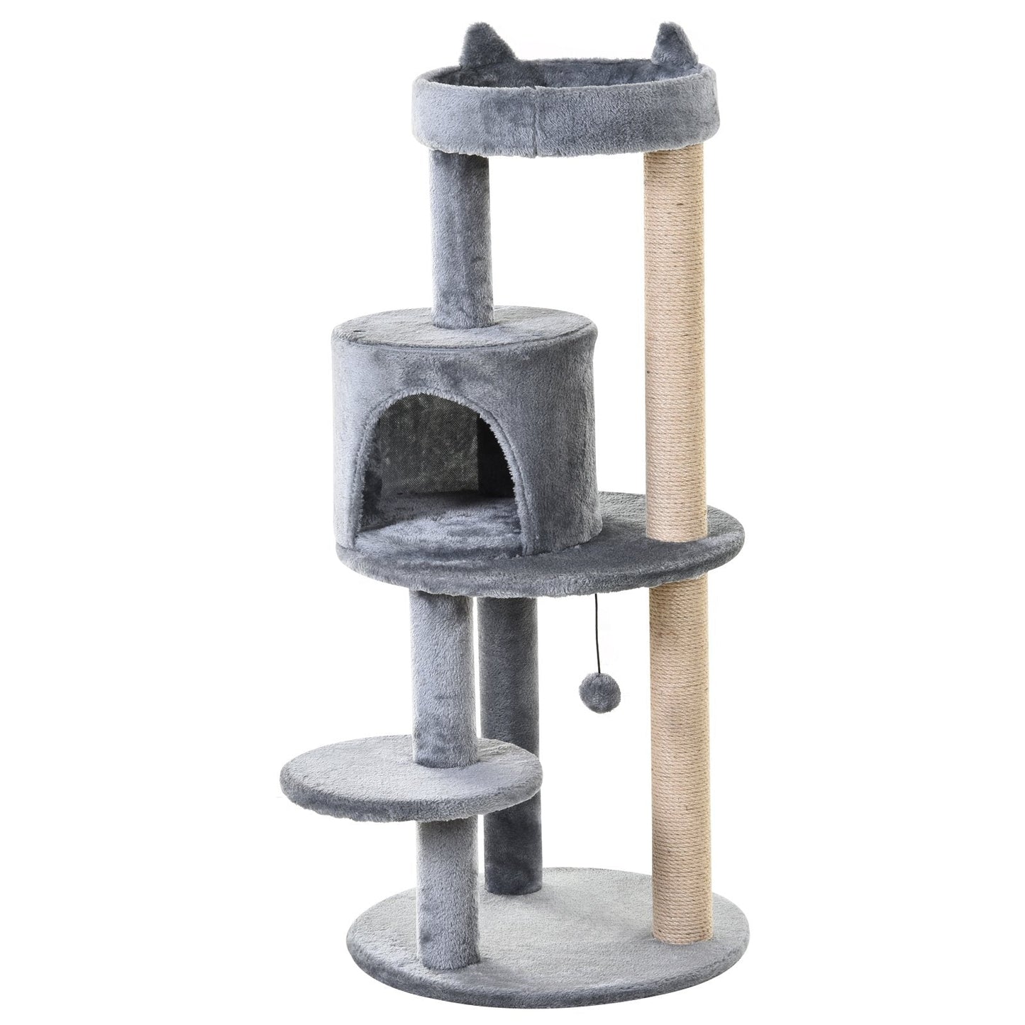 PawHut 3-Tier Deluxe Cat Activity Tree w/ Scratching Posts Ear Perch House Platform Play Ball Plush Fun Toys Exercise Rest Relax Climb Grey