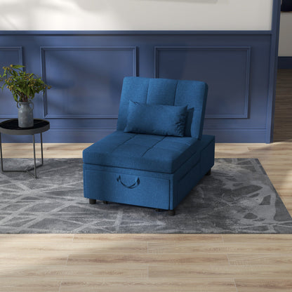 HOMCOM Fotel rozkładany z siedziskiem z wypełnieniem, 4-w-1 wielofunkcyjna sofa rozkładana z funkcją spania, fotel z regulowanym oparciem, boczna kieszeń, kółka i poduszka, do salonu, niebieski