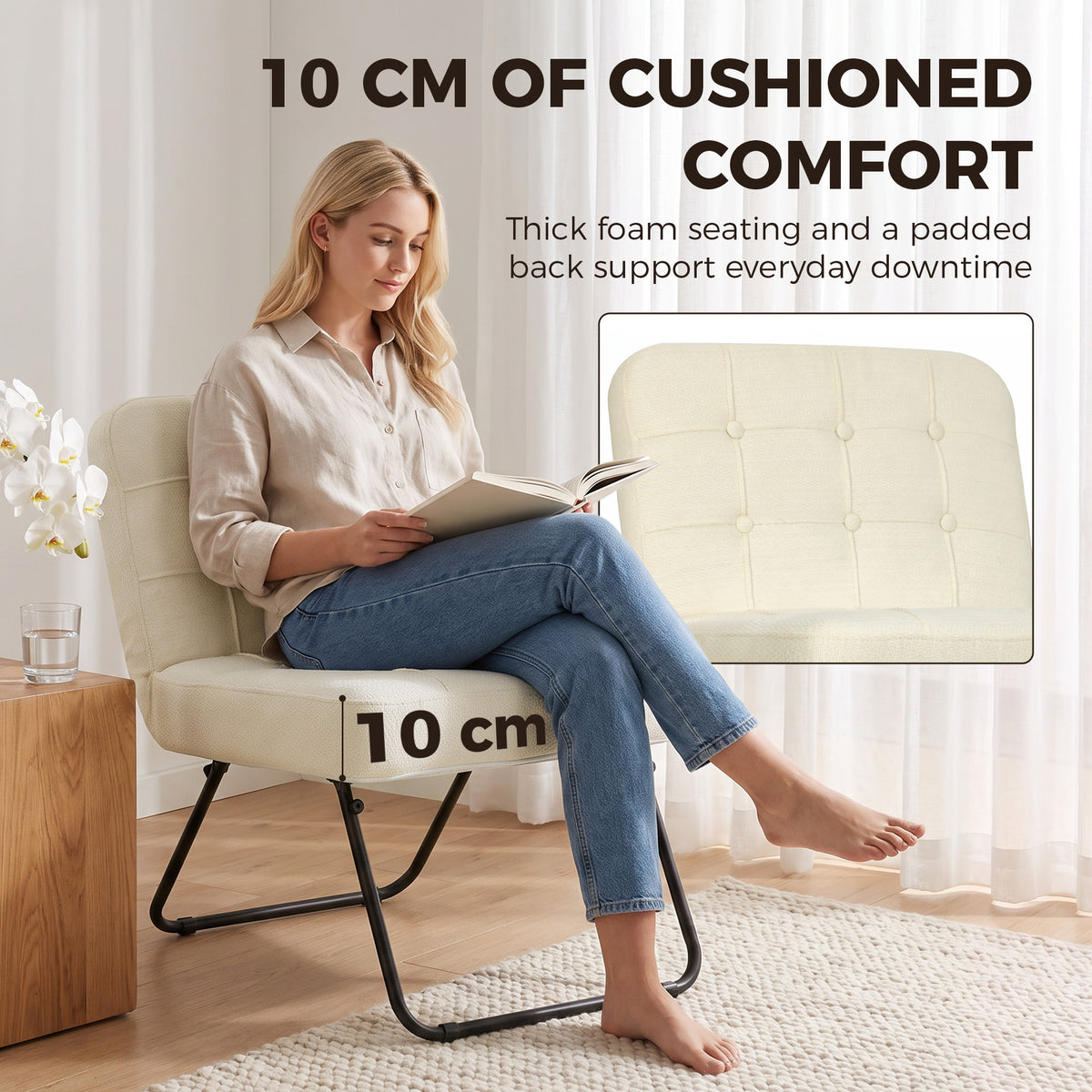 HOMCOM Modern Accent Chair, Foldable Chenille Upholstered Lounge Chair with Backrest, Wide Seat, Cream