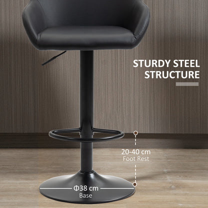 HOMCOM Adjustable Bar Stools Set of 2, Swivel Barstools with Footrest and Backrest, PU Leather and Steel Base, for Kitchen Counter and Dining Room, Black
