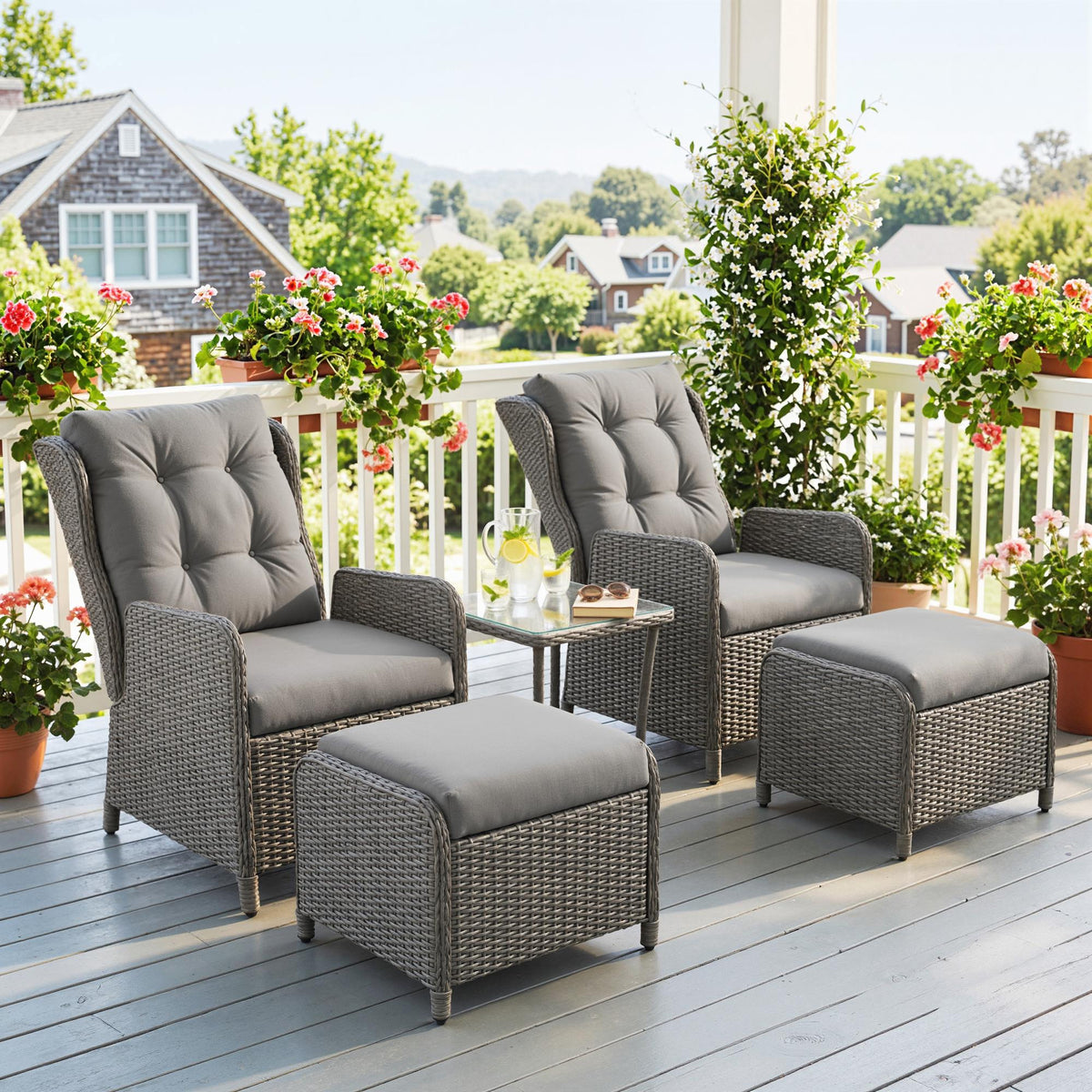 Outsunny 5 Pieces Rattan Bistro Set with Adjustable Back, Reclining Wicker Balcony Furniture with Cushions, Glass Top Coffee Table and Footstools, Outdoor Table and Chairs, Light Grey