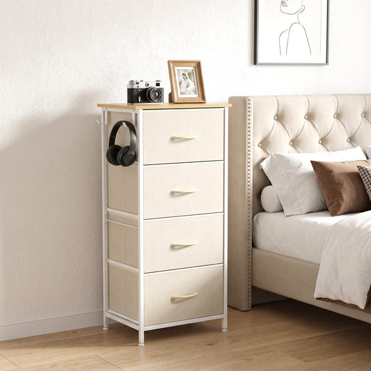 HOMCOM Chest of Drawers with 4 Fabric Drawers, Tall Storage Unit with 2 Hooks and Steel Frame for Bedroom, Beige