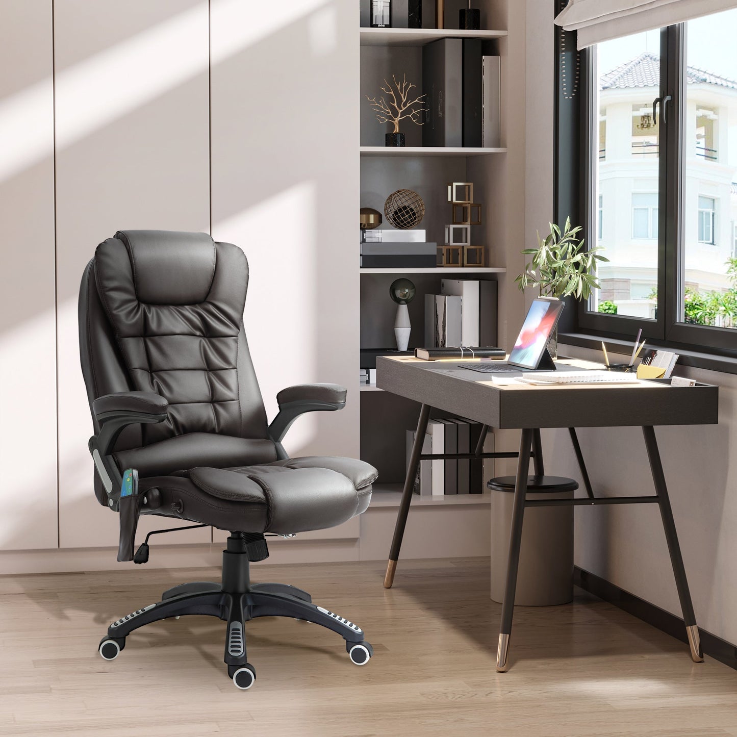 HOMCOM 6-Point Massage Office Chair with Seat Heated for Home Office, PU Leather High Back Executive Desk Chair with Adjustable Height and 360 Swivel for Work Study, Brown