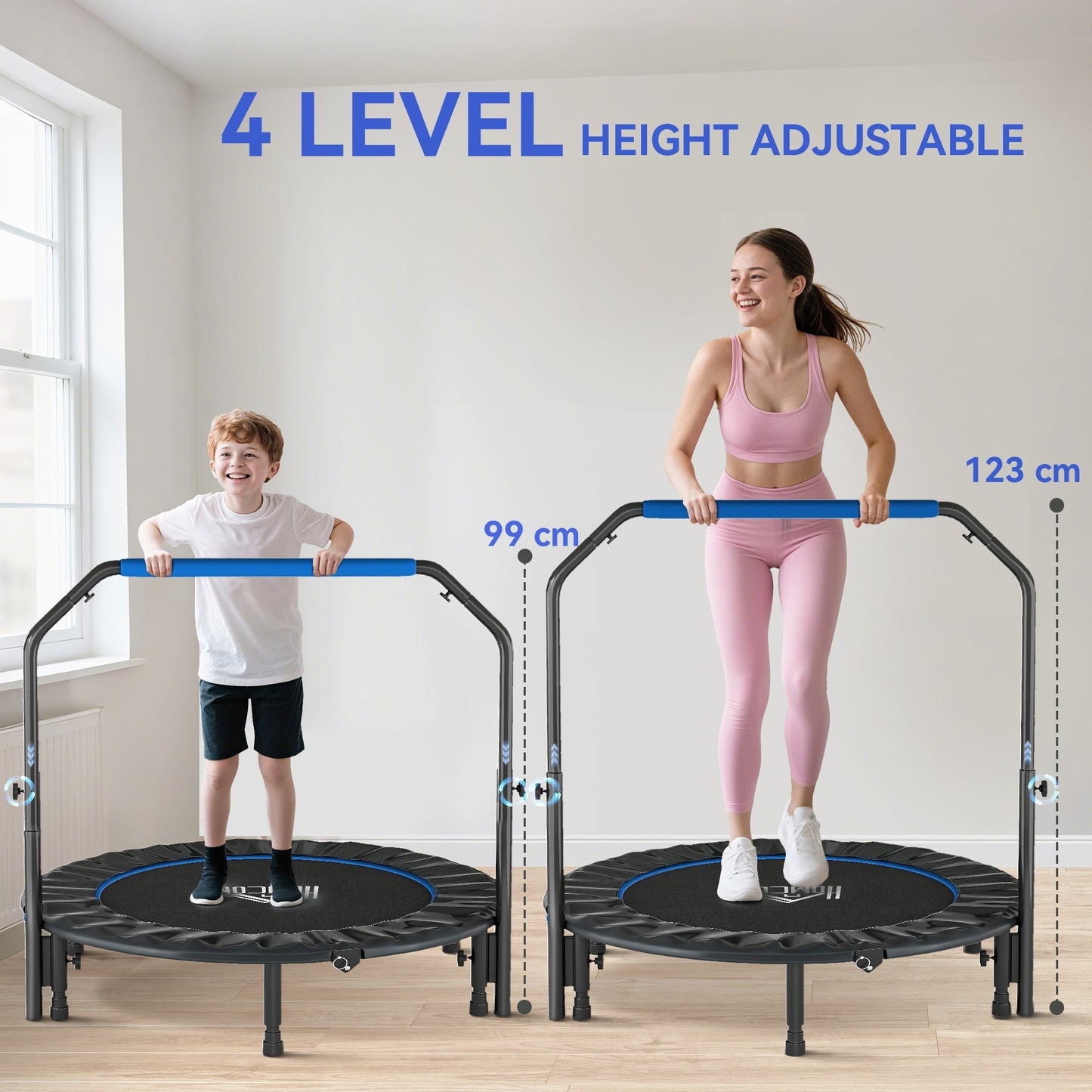 HOMCOM 48" Foldable Mini Fitness Trampoline, with Adjustable Foam Handle, Blue