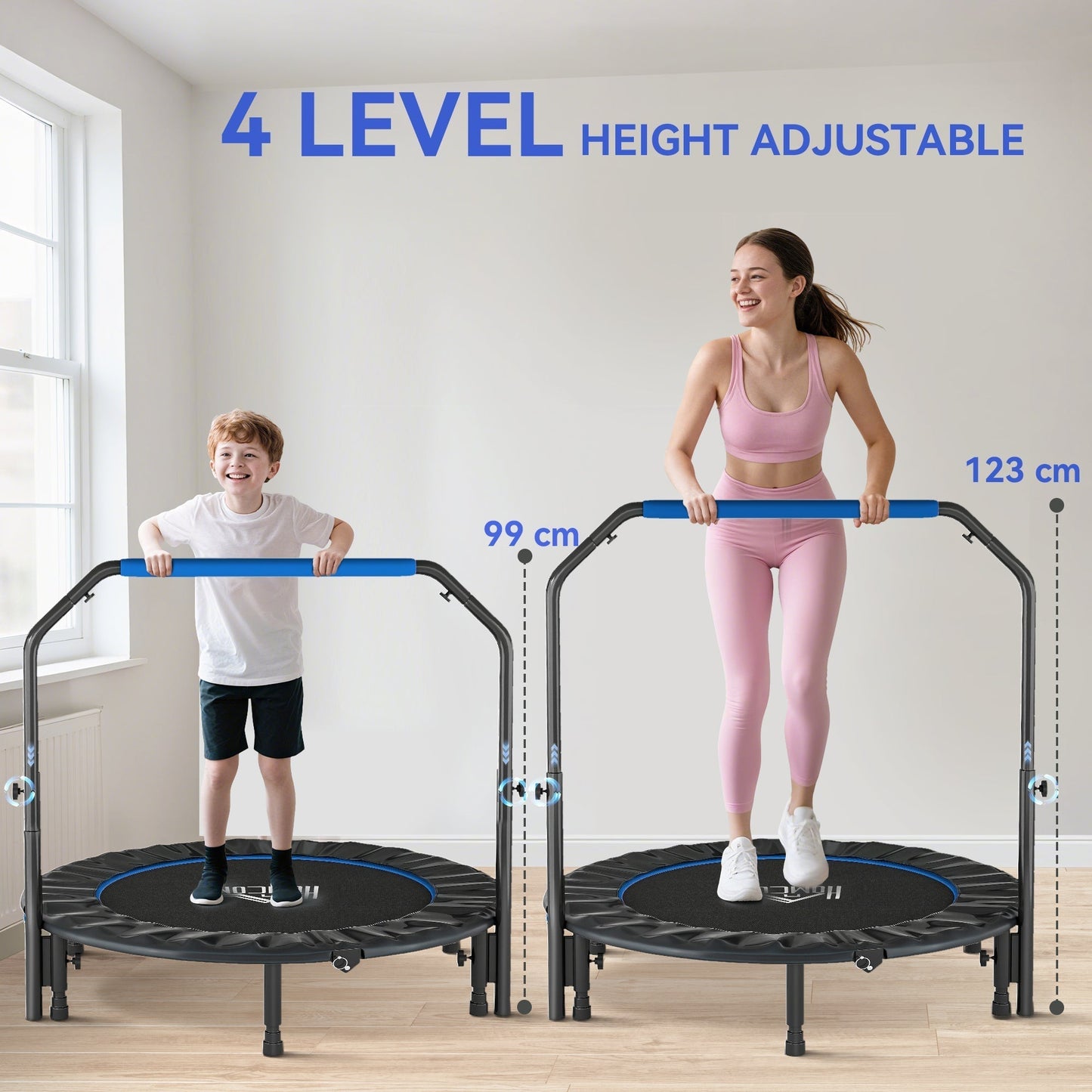 HOMCOM 48" Foldable Mini Fitness Trampoline, with Adjustable Foam Handle, Blue