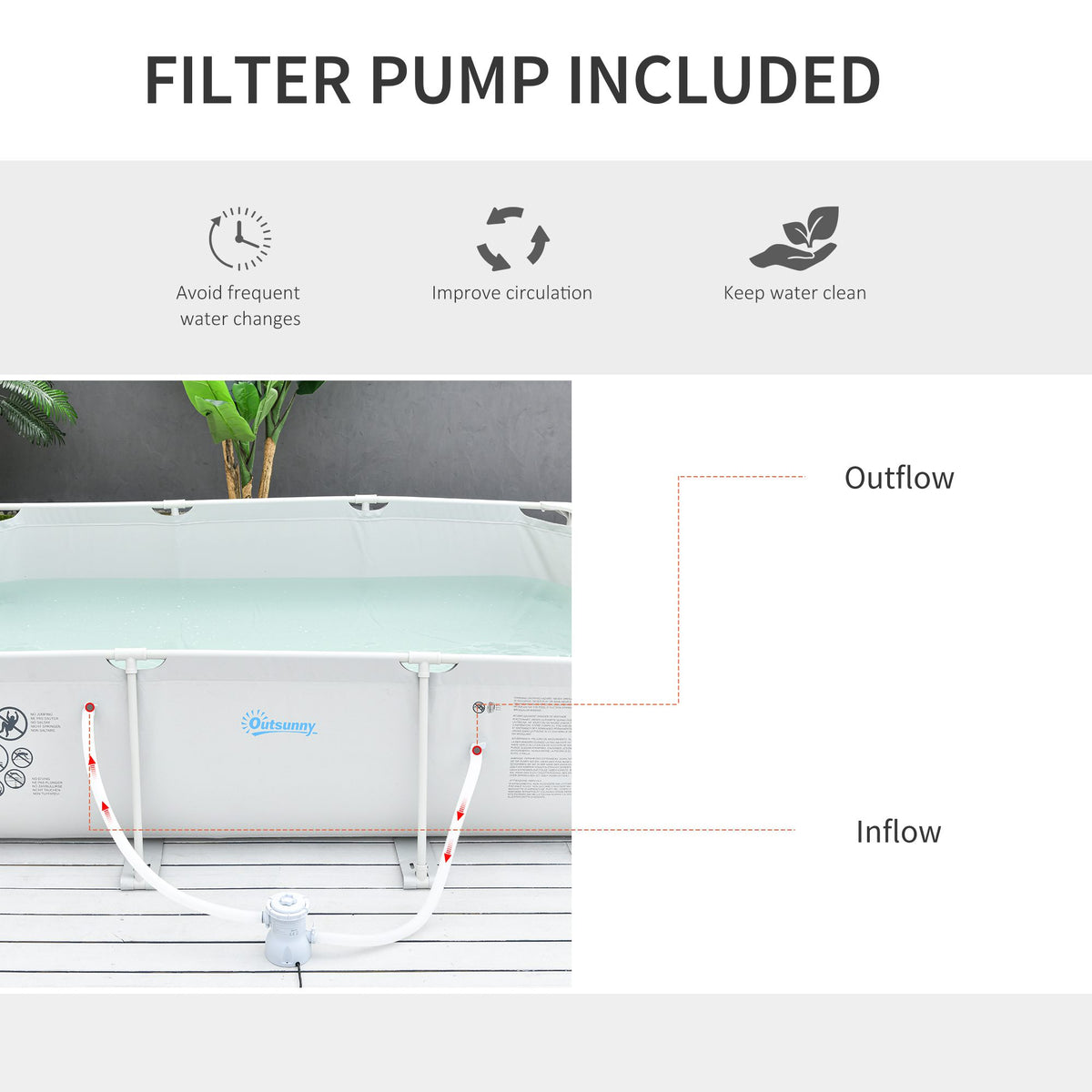 Outsunny Steel Frame Pool with Filter Pump, Filter Cartridge, Rust Resistant Above Ground Swimming Pool, Grey