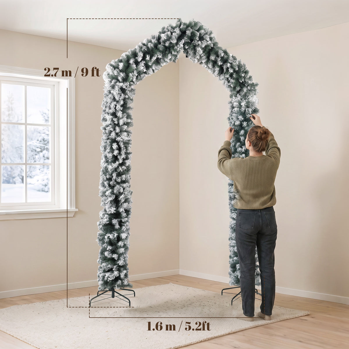 HOMCOM 9ft Flocked Snow Christmas Tree Arch, Christmas Single Arch Doorway Decor with 1400 Branch Tips and Steel Stand, Green