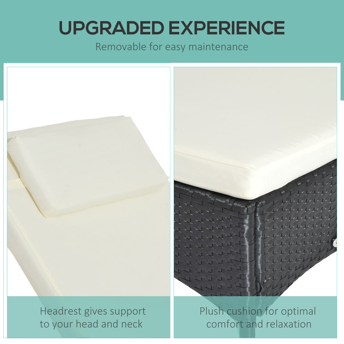 Outsunny Garden Rattan Furniture Pojedynczy leżak ogrodowy z funkcją rozkładania Fotel ogrodowy z plecionki z wikliny Regulowany zagłówek z ognioodporną poduszką - czarny
