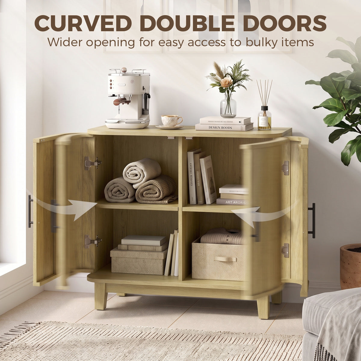 HOMCOM 80cm Sideboard Buffet Cabinet, Storage Cabinet with 2 Curved Doors, Adjustable Shelf and Legs for Dining Room, Oak