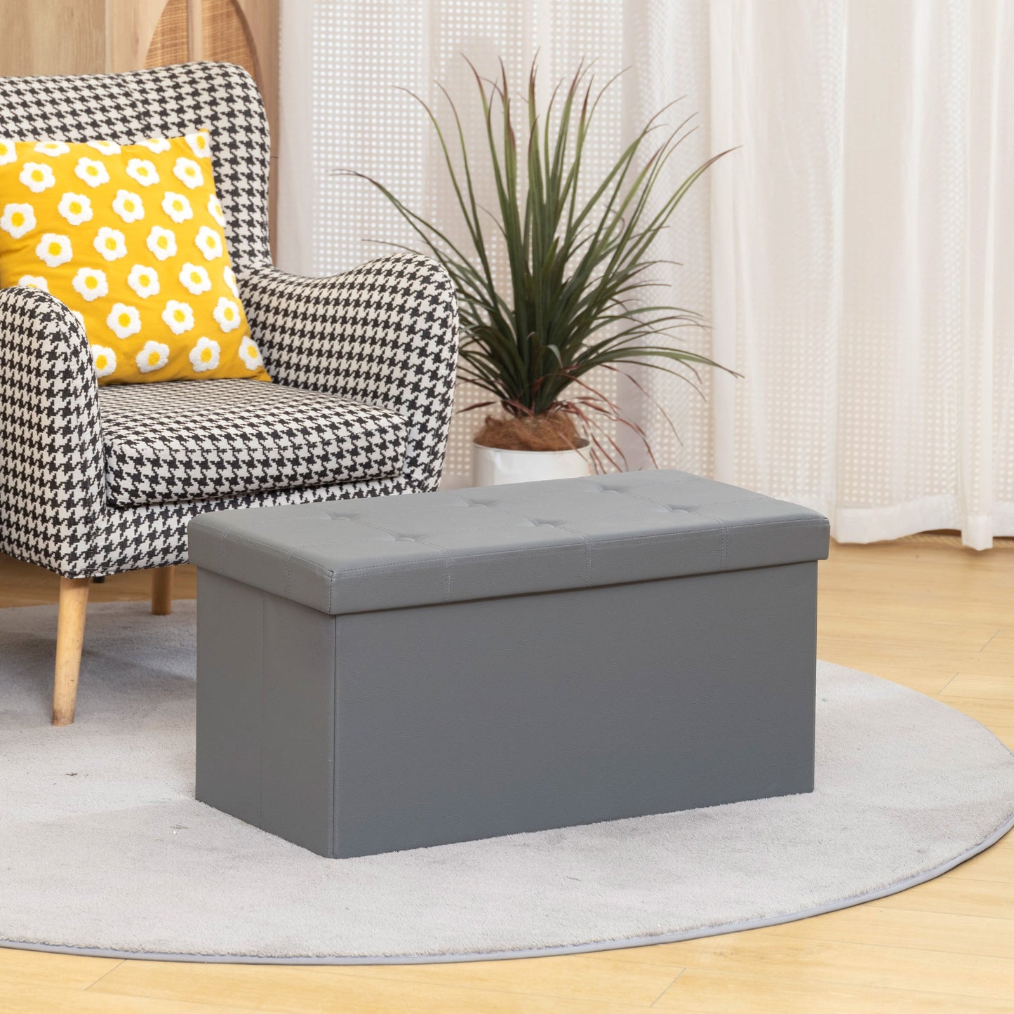 HOMCOM Storage Ottoman Bench, 89L PU Leather Folding Foot Rest Stool, End of Bed Bench, Easy Assembly, for Living Room, Bedroom, Entryway, Grey