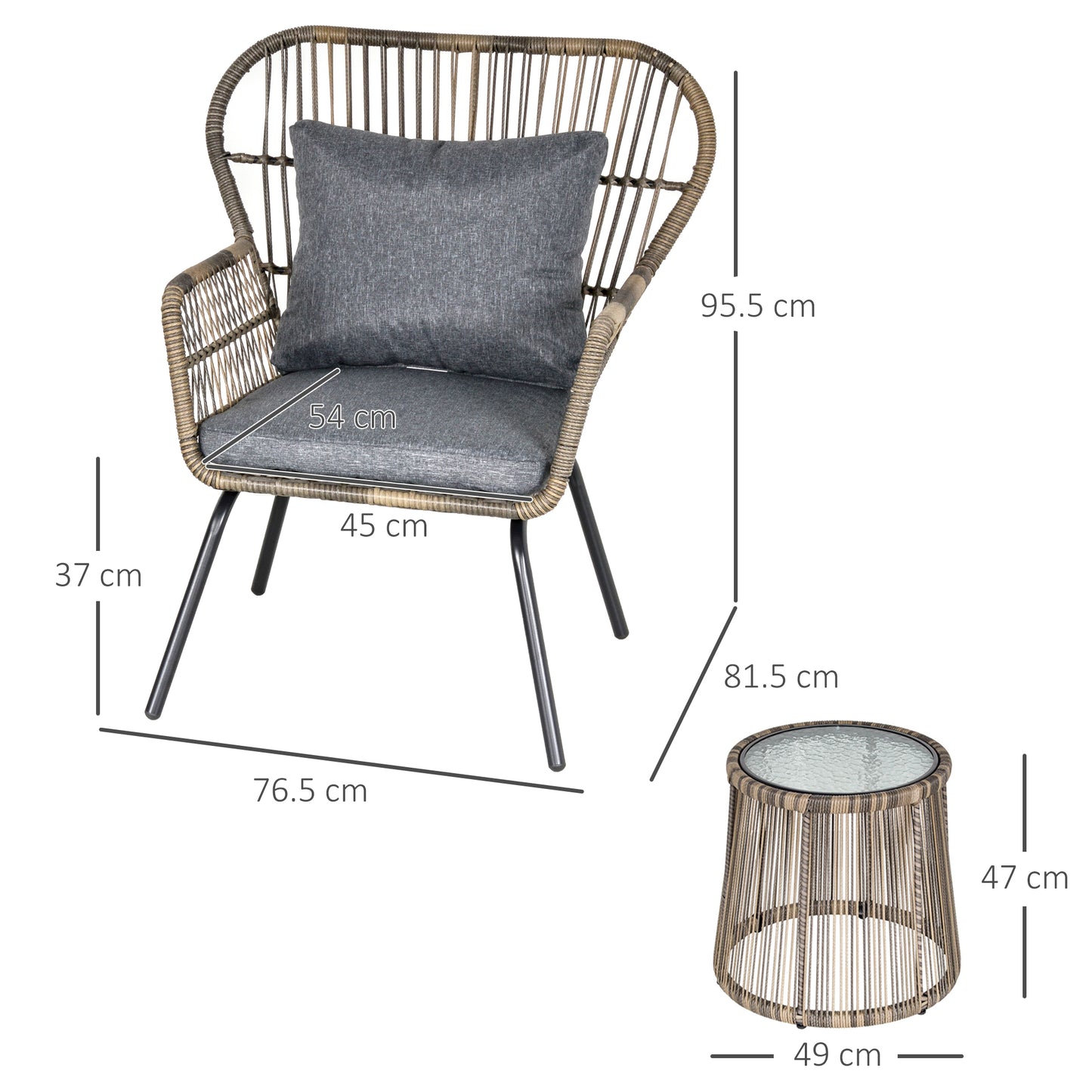 Outsunny 3-częściowy zestaw bistro z rattanu, zestaw mebli ogrodowych z wikliny z poduszkami, szklanym blatem stolika kawowego i krzesłami na zewnątrz, patio, balkon, szary