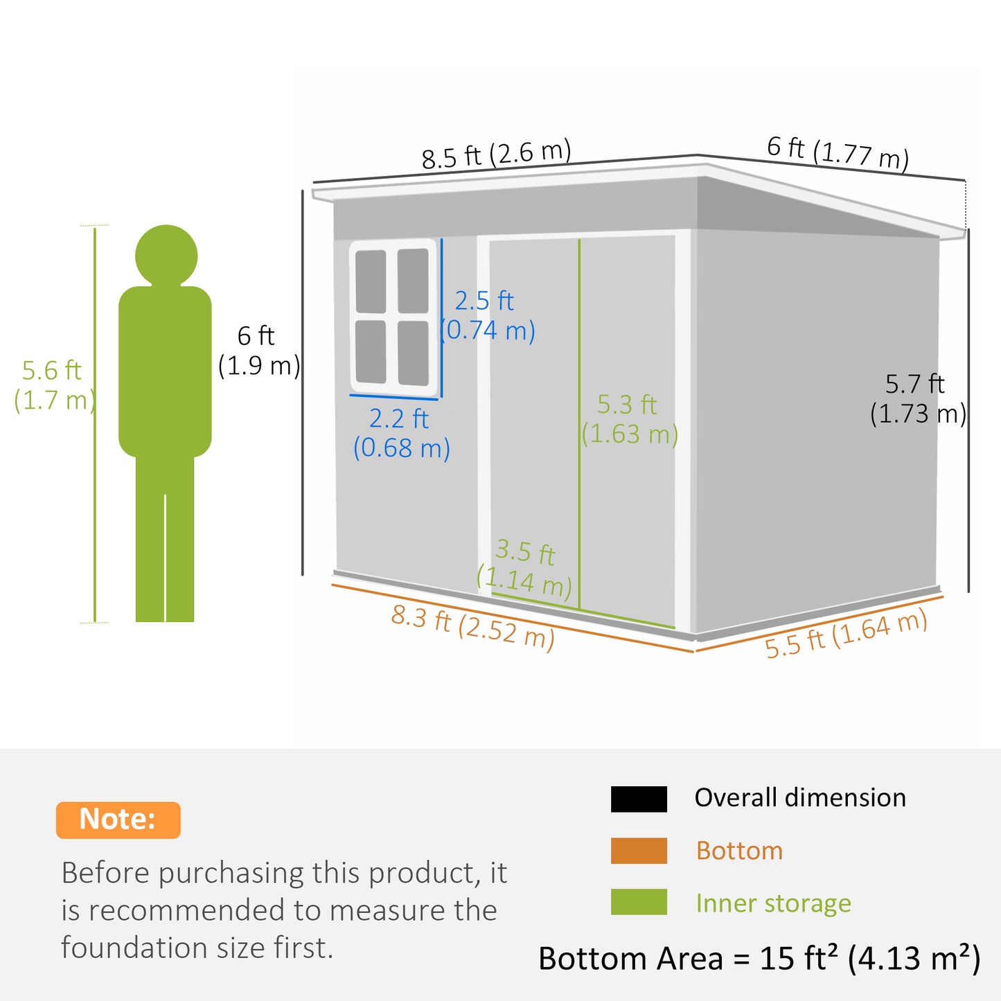 Szopa ogrodowa Outsunny 8,5 x 6 stóp, ocynkowana stalowa, metalowa z zestawem fundamentowym, oknem, szerokimi drzwiami z zamkiem i otworami wentylacyjnymi na patio, zielona