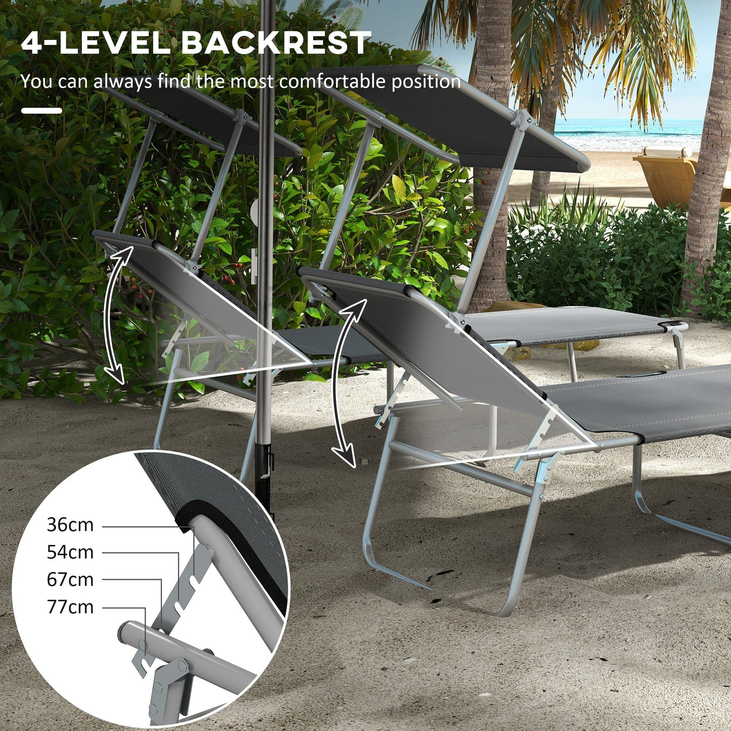 Outdoor Foldable Sun Lounger Set of 2 Reclining  Chair With Angle Adjust Sun Shade Awning for Beach, Garden, Patio, Grey