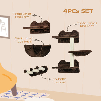 مجموعة من 4 رفوف حائطية للقطط من PawHut مع عمود خدش وأرجوحة وعش - بني